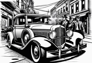 Al Capone style gangsters fighting with machine guns, set with a 1930s city street background, include a 1930's car , flames and smoke, bullets flying tattoo idea