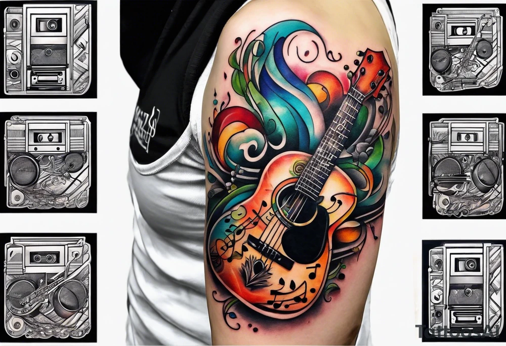 1/4 sleeve length
music notes, a cassette tape, and
instruments tattoo idea