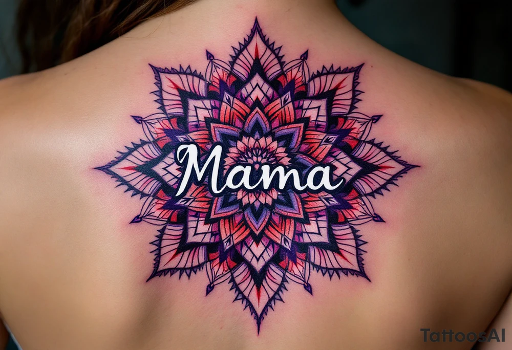 A vibrant mandala in reds and purples surrounding the word “Mama” in white ink. tattoo idea