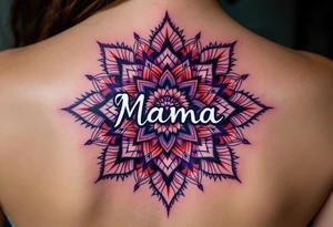 A vibrant mandala in reds and purples surrounding the word “Mama” in white ink. tattoo idea