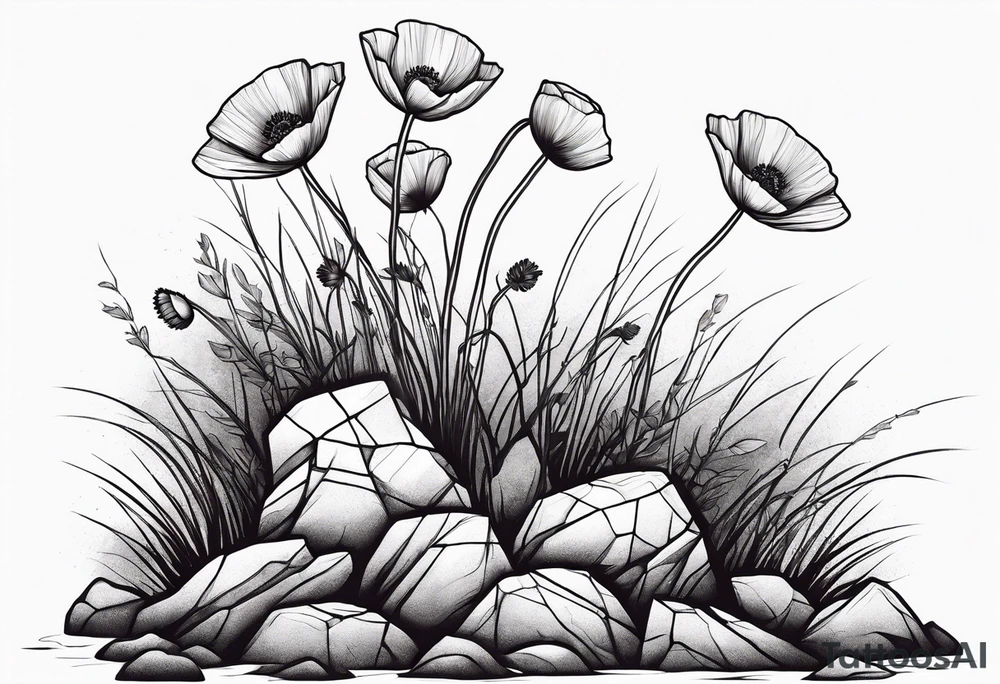 poppy growing out of rock with roots hugging 
rock in support tattoo idea