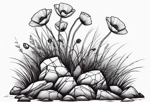 poppy growing out of rock with roots hugging 
rock in support tattoo idea