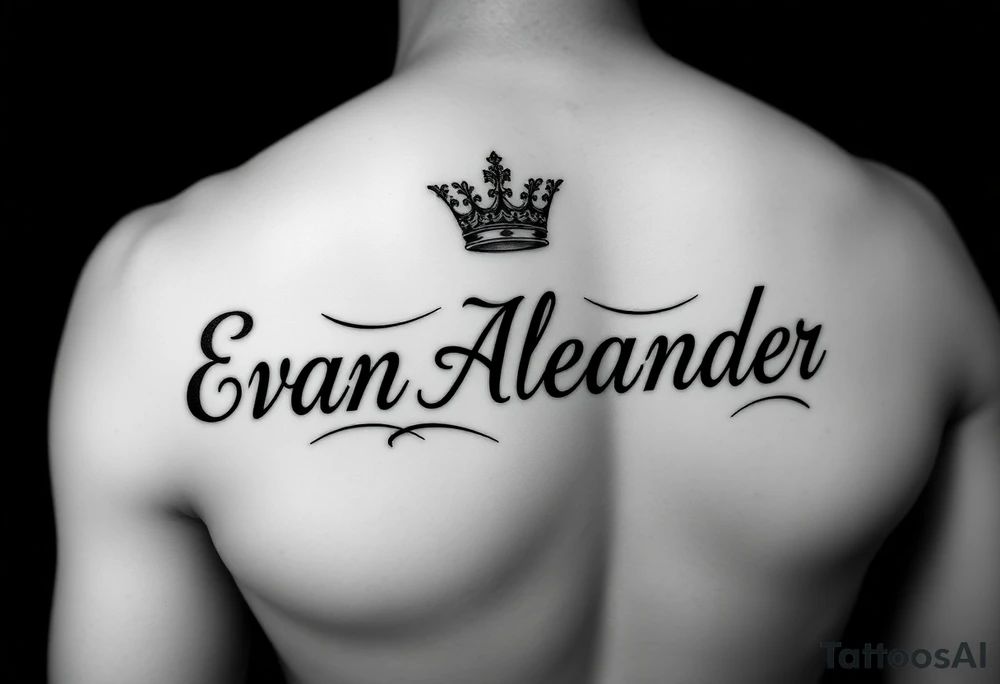 Name tattoo that says Evan Alexander with a crown on forearm tattoo idea