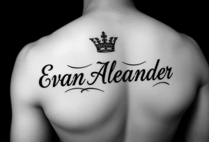 Name tattoo that says Evan Alexander with a crown on forearm tattoo idea