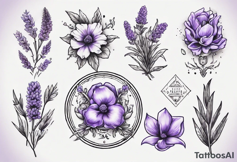 Faça um desenho da medalha de são bento (esta deve ser fiel e bem precisa) ao redor da medalha coloque flores de lavanda para armonizar a imagem. tattoo idea