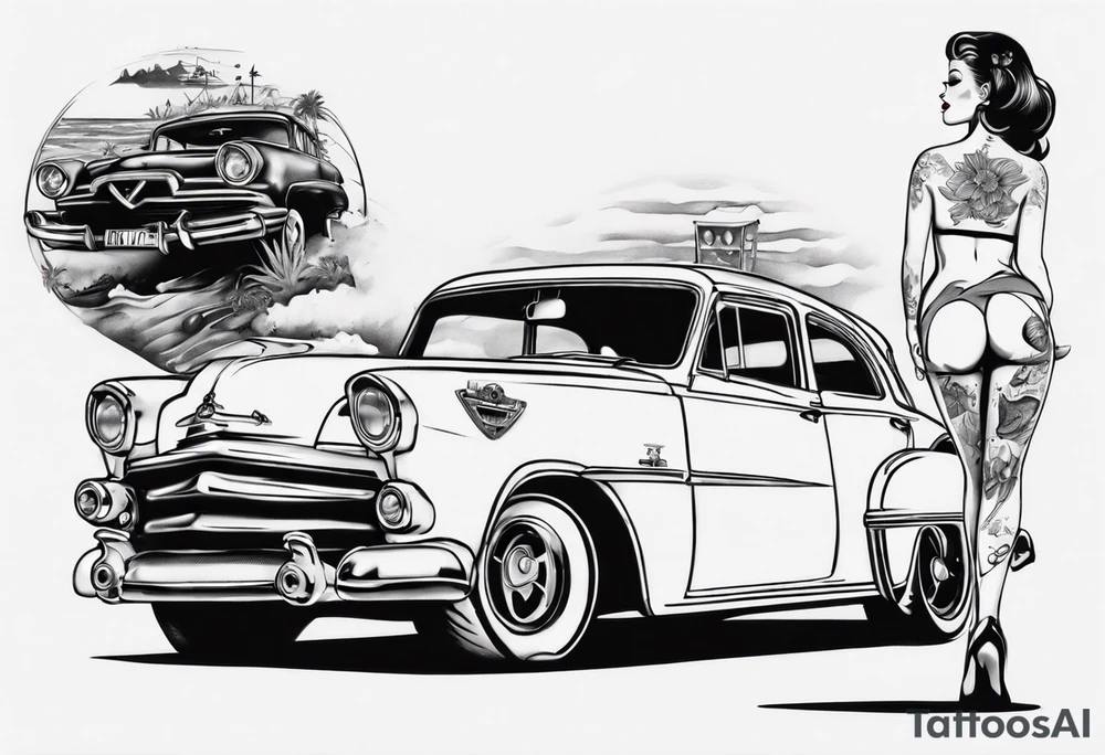 Pinup doll standing next to an old car along the beach tattoo idea
