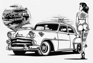 Pinup doll standing next to an old car along the beach tattoo idea