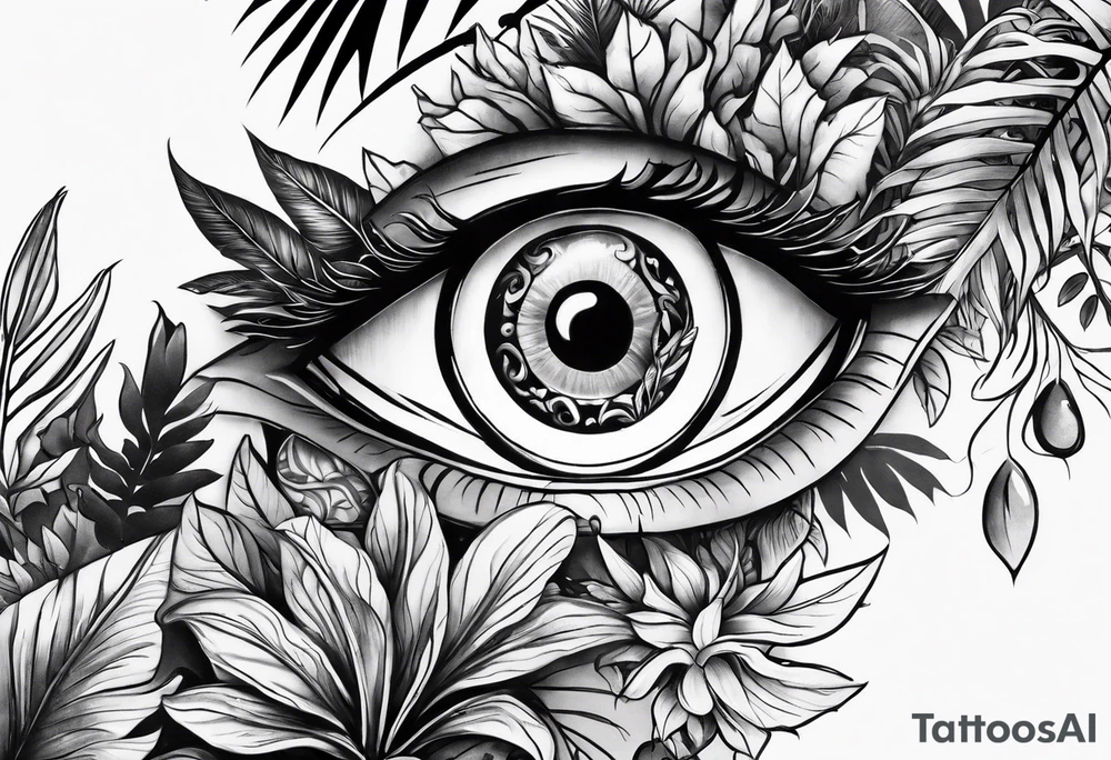 full arm sleeve tattoo with all-seeing eye and jungle plants tattoo idea