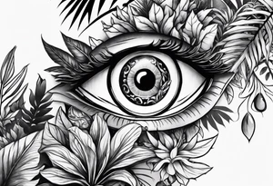 full arm sleeve tattoo with all-seeing eye and jungle plants tattoo idea
