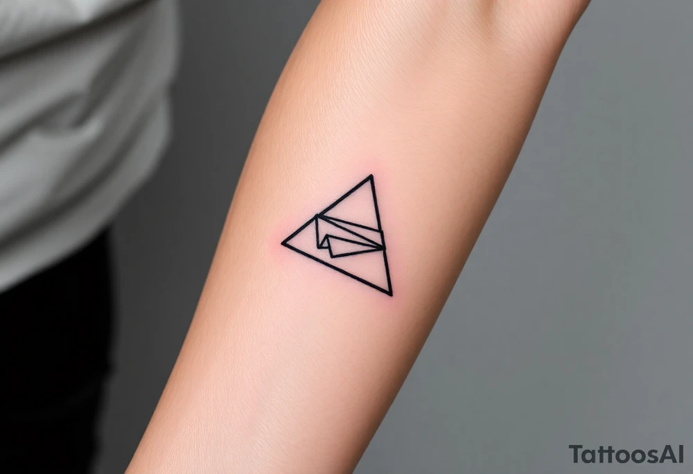 Geometric small triangle with a paper plane while being psychedelic with fine thin lines tattoo idea