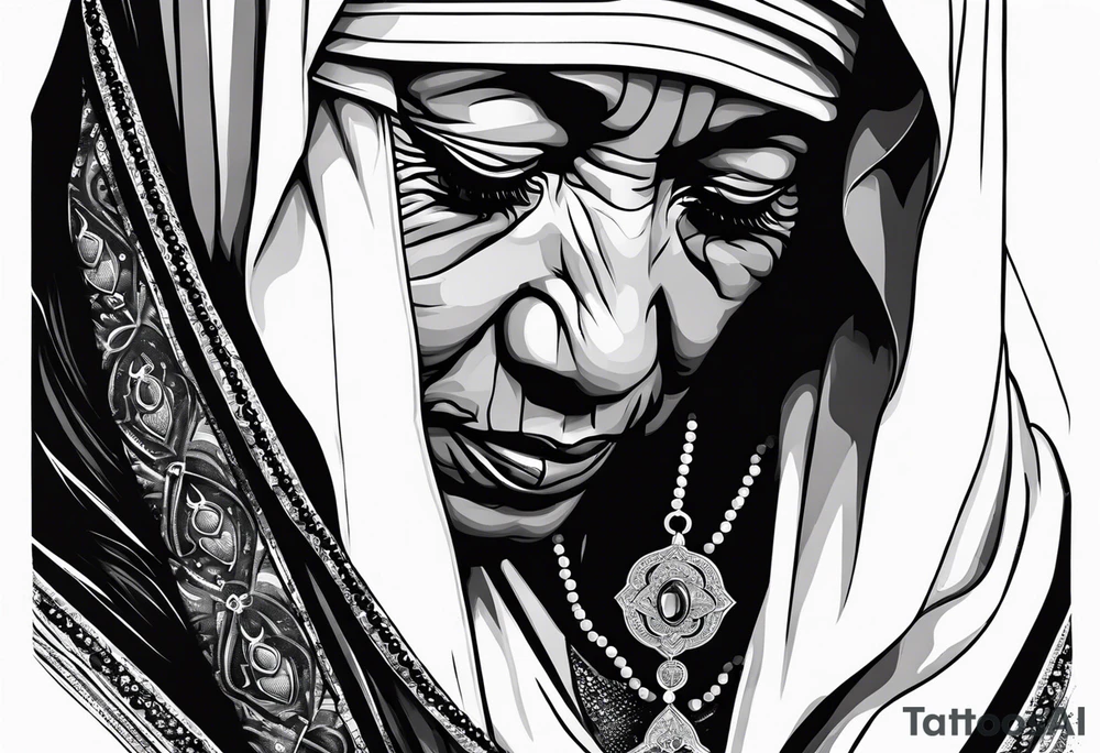 Mother Theresa looking down with black tears and rosary tattoo idea