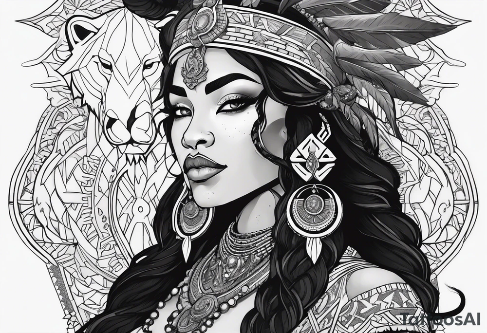 valkrye, kali, pirate, african goddess, , warrior, native american, lotus, zenza resonance, skulls, dragon, pachamama, left side face, chest, right wing, tattoo idea