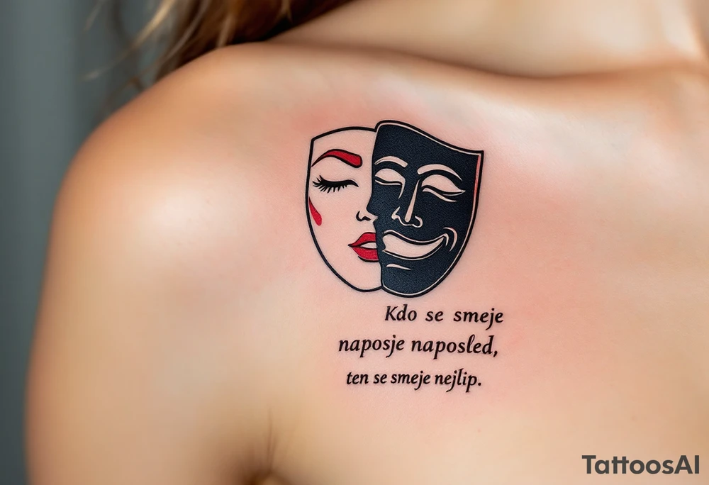 "Kdo se smeje naposled, ten se smeje nejlip." — A stylized theater mask half-laughing, half-serious in contrasting black and red, with the proverb underneath in bold lettering. tattoo idea