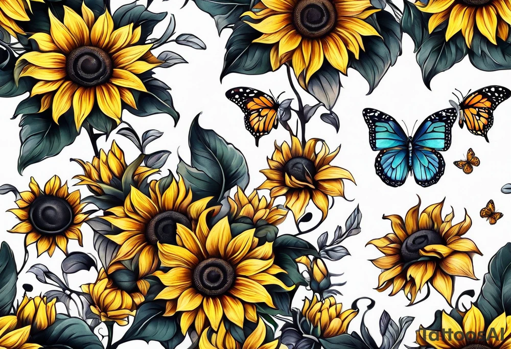 Sunflower and butterfly leg sleeve tattoo idea