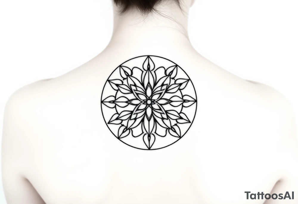 A symmetrical Flower of Life with hexagonal crystal details in round cyrcle, enhancing its sacred geometric nature. tattoo idea