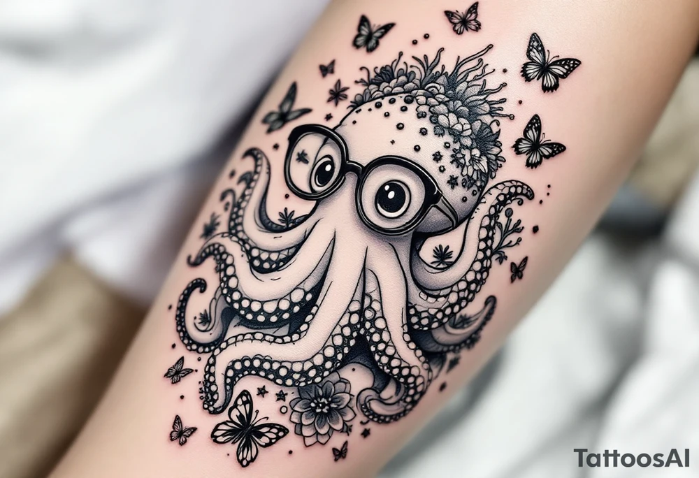 cute octopus, wearing glasses, friendly, surrounded by butterflies and oceanic items, grey ink, monochrome grey color tattoo idea