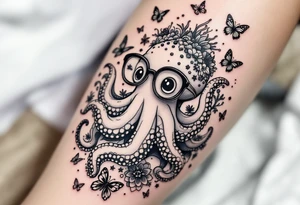 cute octopus, wearing glasses, friendly, surrounded by butterflies and oceanic items, grey ink, monochrome grey color tattoo idea