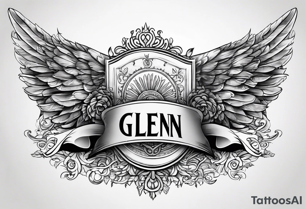 The word Glenn on a banner with angel Wings tattoo idea