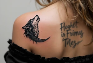 A howling black wolf for his shoulder blade and a silver crescent moon for her shoulder blade on the shoulders echo primal loyalty. tattoo idea