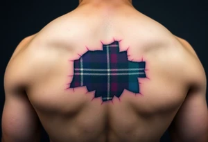 Dark Purple with green pink blue and white highlights tartan fabric on bicep with skin tearing away to reveal tartan underneath tattoo idea