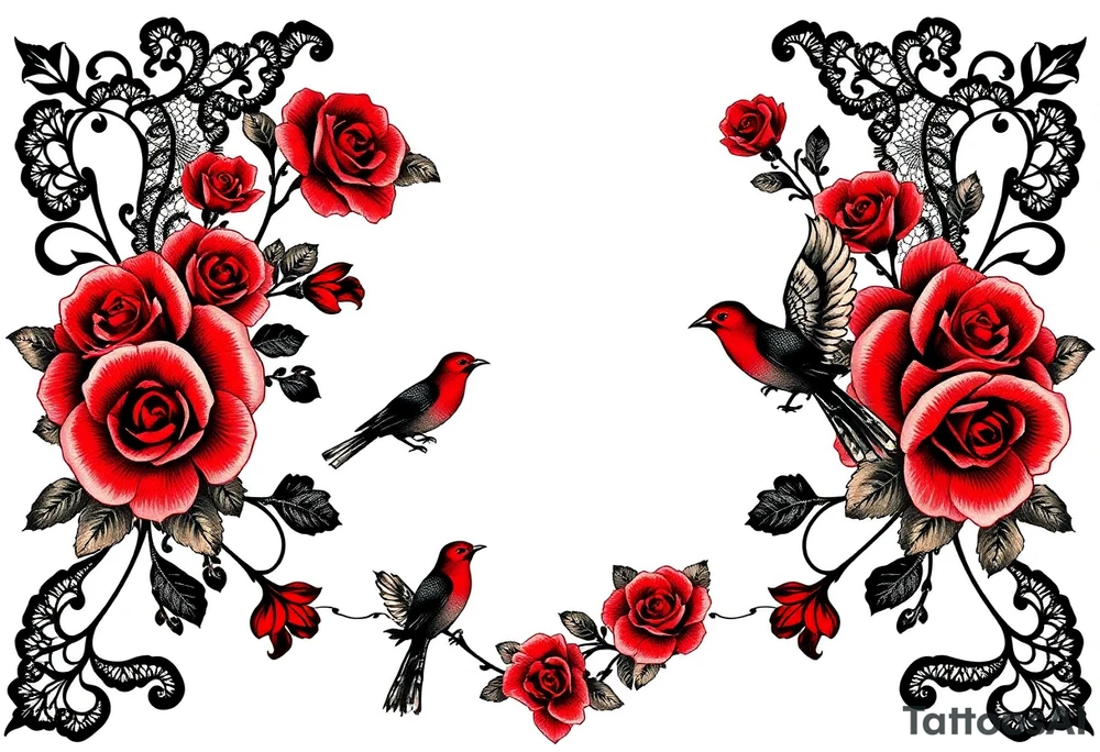 Vintage black lace, red roses, red birds, vintage, wrap around, tighter together, no space open tattoo idea