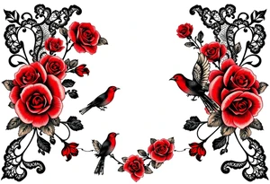 Vintage black lace, red roses, red birds, vintage, wrap around, tighter together, no space open tattoo idea