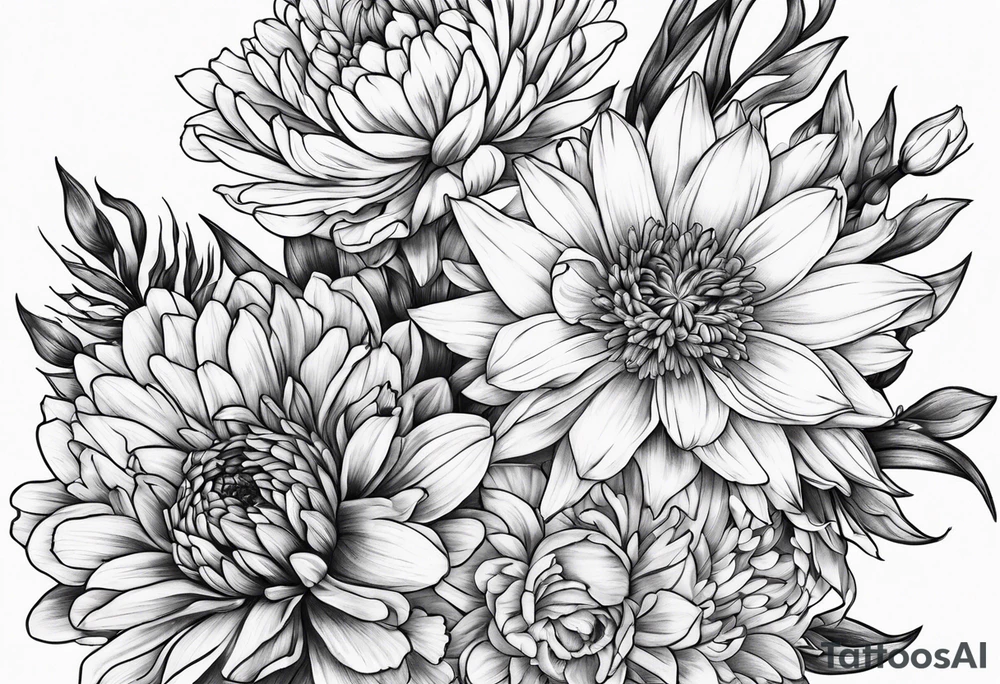 Aster, Chrysanthemums, Rose, Daffodil, Gladiolus tattoo idea