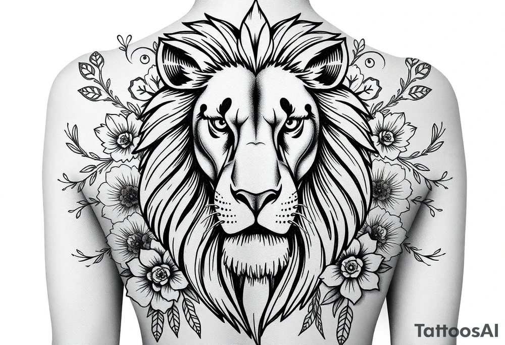 powerful majestic lion with a crown, surrounded by floral ornaments and birds tattoo idea