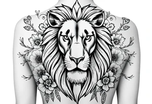 powerful majestic lion with a crown, surrounded by floral ornaments and birds tattoo idea