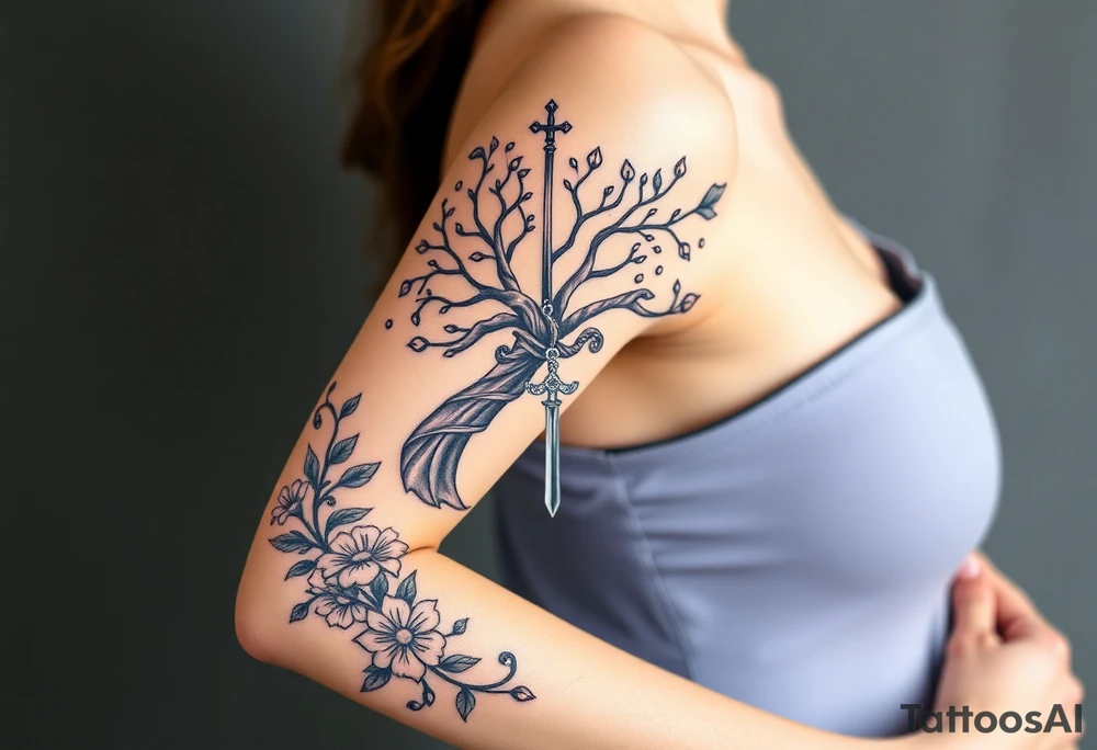 based on the Lord of the rings movies with the tree of Gondor, the Evenstar necklace, the sword Narsil, and flowers tattoo idea