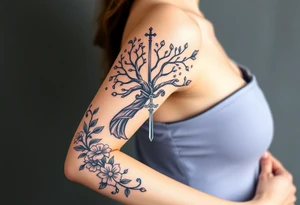 based on the Lord of the rings movies with the tree of Gondor, the Evenstar necklace, the sword Narsil, and flowers tattoo idea