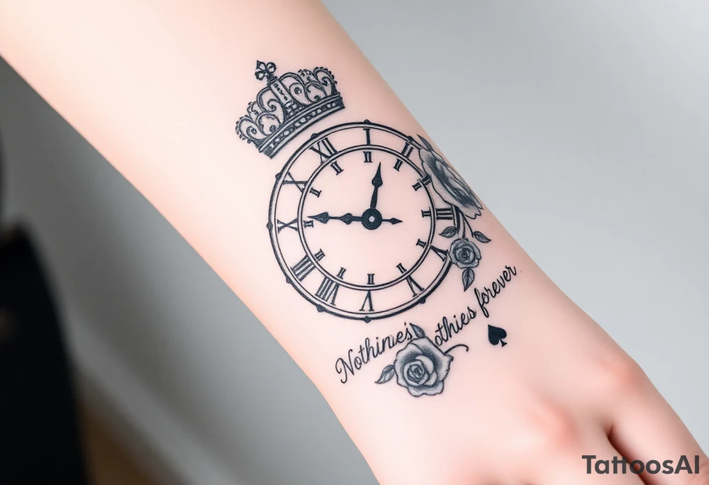Roman clock with a crown, with roses and a quote that says nothings forever and with a deck of cards gangster chicano tattoo idea