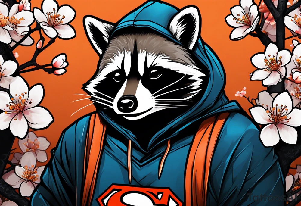 Raccoon wearing a white Superman logo on a black hoodie and orange Japanese cherry blossoms beside tattoo idea