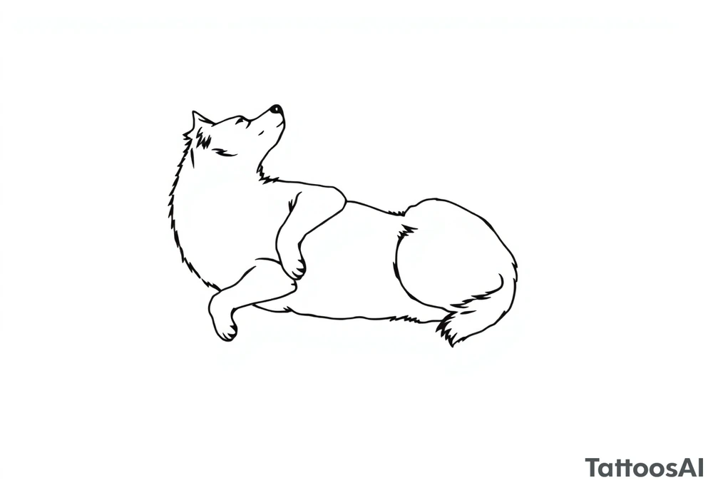 An illustration of a Border Collie tattoo in a minimalist feminine style. The design is elegant and delicate, created with a single continuous line, depicting the dog lying on its back, capturing the grace and character of the breed. tattoo idea