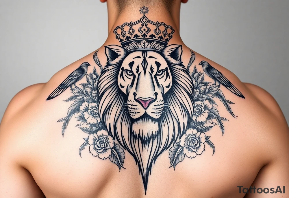 powerful majestic lion with a crown, surrounded by floral ornaments and birds tattoo idea