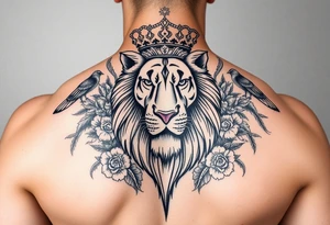 powerful majestic lion with a crown, surrounded by floral ornaments and birds tattoo idea