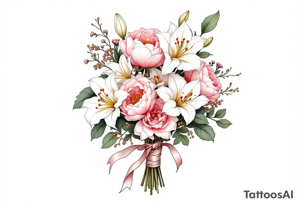 A 3D bouquet wrapped in a satin ribbon, with soft pink peonies, white lilies, and golden details, appearing fresh and lifelike. tattoo idea