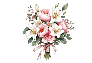 A 3D bouquet wrapped in a satin ribbon, with soft pink peonies, white lilies, and golden details, appearing fresh and lifelike. tattoo idea