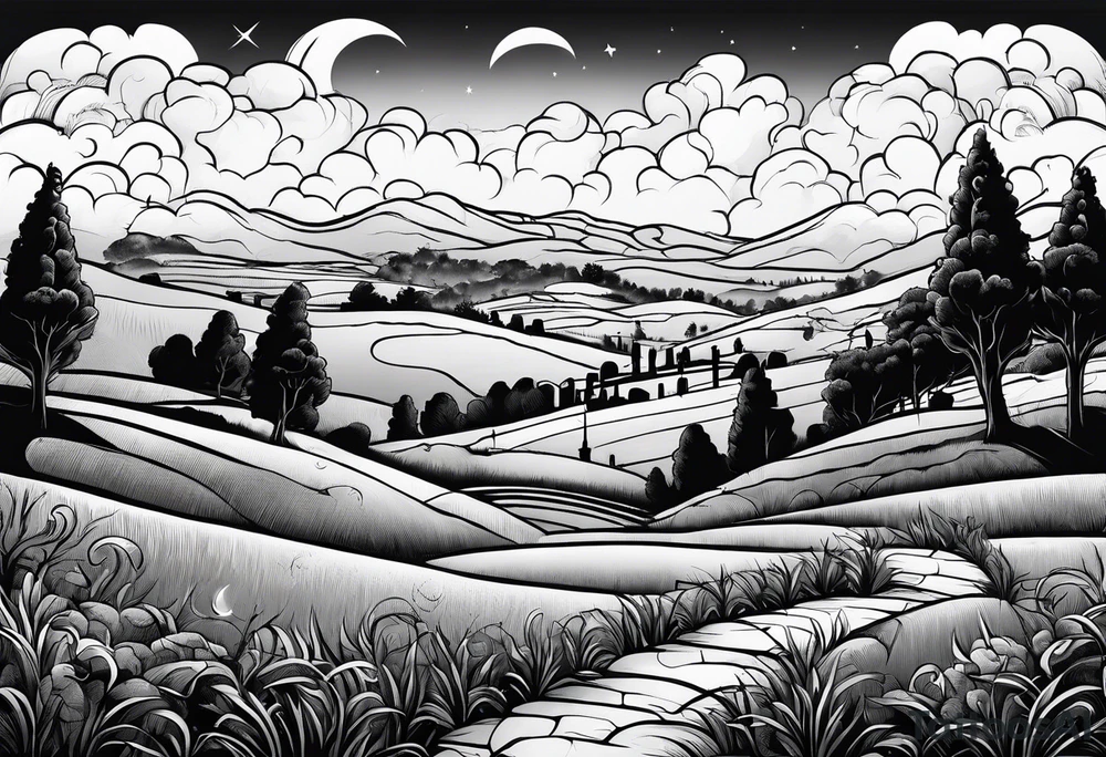 Cemetery on hills with clouds and moon tattoo idea