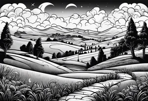 Cemetery on hills with clouds and moon tattoo idea