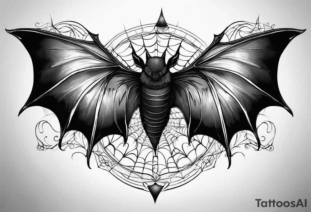 Bat upside down, wings made of spider web, wings wide open tattoo idea