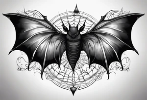 Bat upside down, wings made of spider web, wings wide open tattoo idea