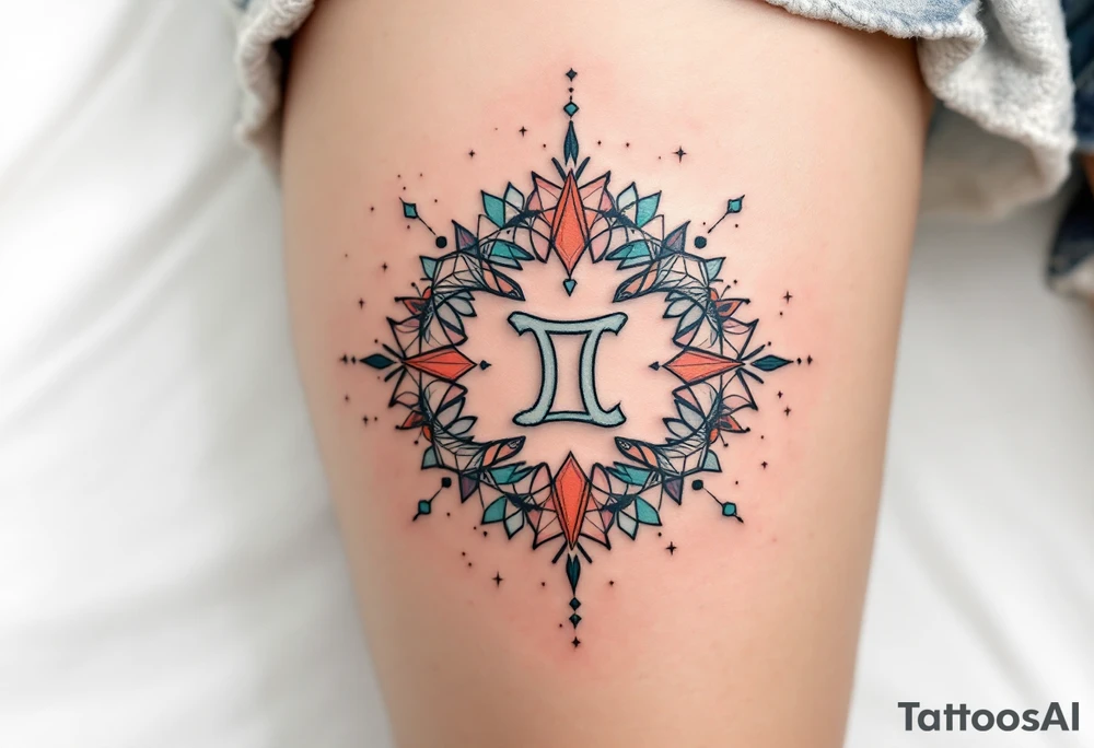 A Pisces star constellation in coral and turquoise threads its way through the Pisces sign in a mandala-style pattern. tattoo idea