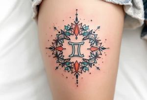 A Pisces star constellation in coral and turquoise threads its way through the Pisces sign in a mandala-style pattern. tattoo idea