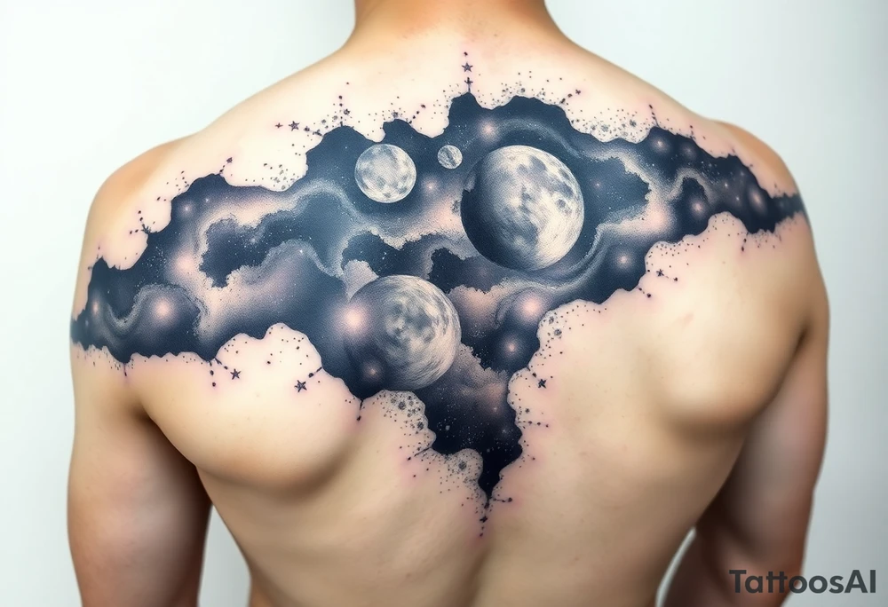 Beautiful and epic 3d milky way that appears to be what is beneath the skin. Make it drape over the shoulder and move to the middle back. use negative spaces to create stars and dust. Incorporate God breathing life into the universe. Keep it symmetrical tattoo idea