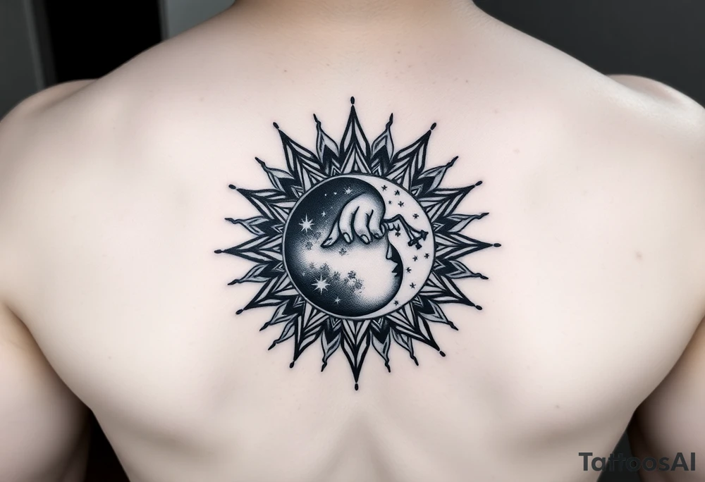 celestial sun and moon embrace with constellation patterns tattoo idea