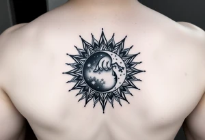 celestial sun and moon embrace with constellation patterns tattoo idea