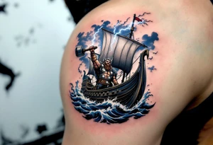 A detailed Viking longship sailing through a storm, with Thor standing at the bow, holding his hammer high as lightning strikes, in full-color realism with dark blues, greys, and silver. tattoo idea