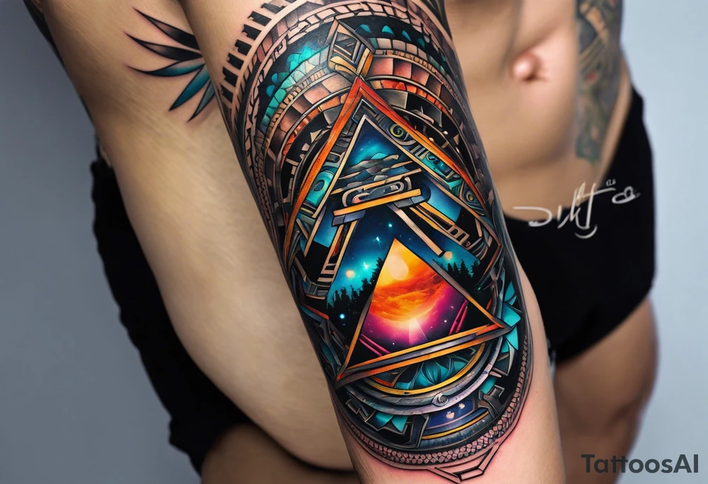 A tattoo design featuring geometric patterns and symbols inspired by psytrance and techno music, creating a unique and futuristic look. tattoo idea