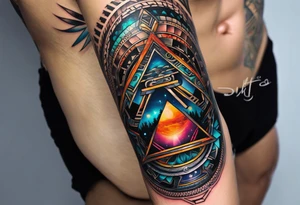 A tattoo design featuring geometric patterns and symbols inspired by psytrance and techno music, creating a unique and futuristic look. tattoo idea